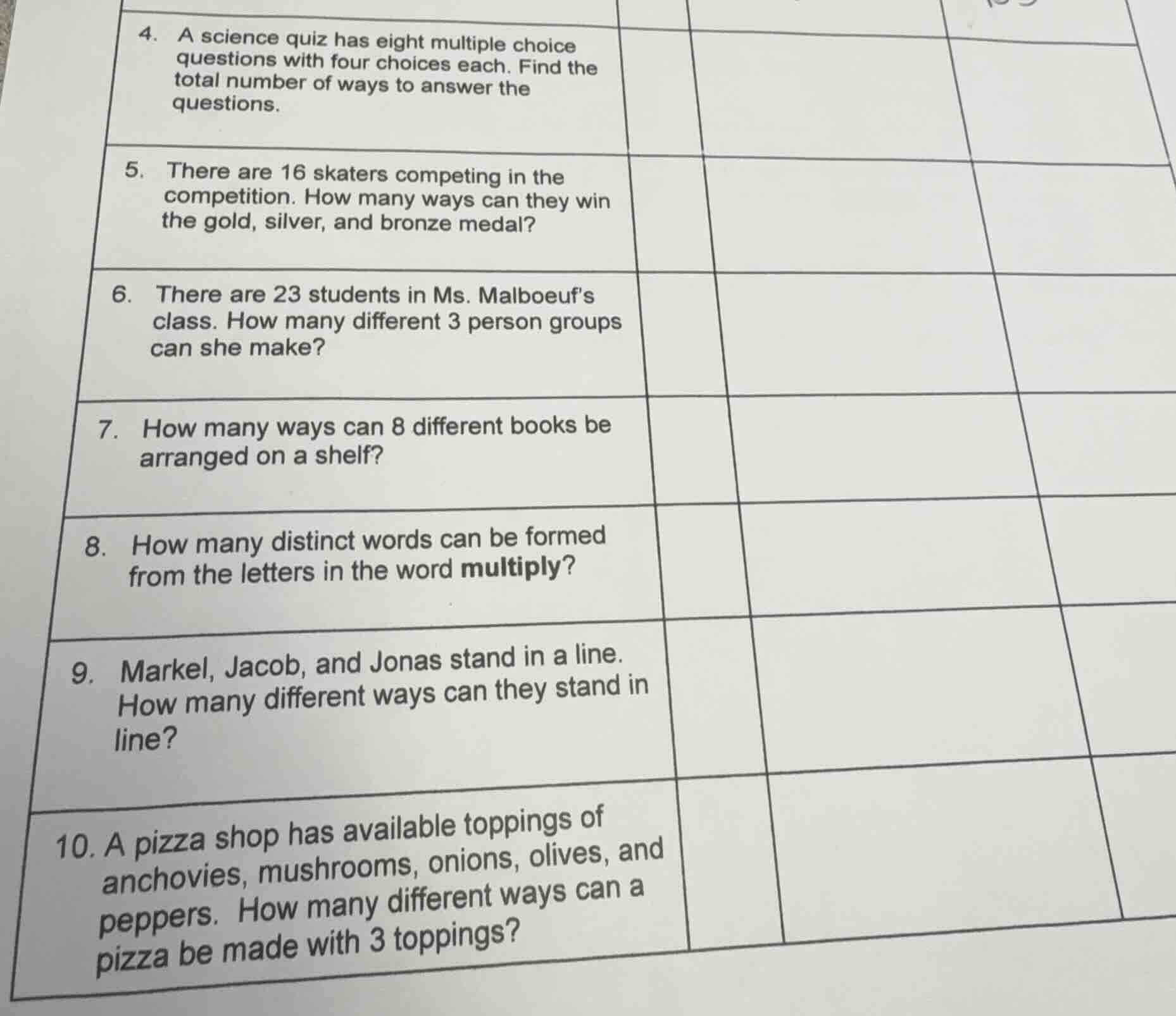 4. a science quiz has eight multiple choice questions with four choices…