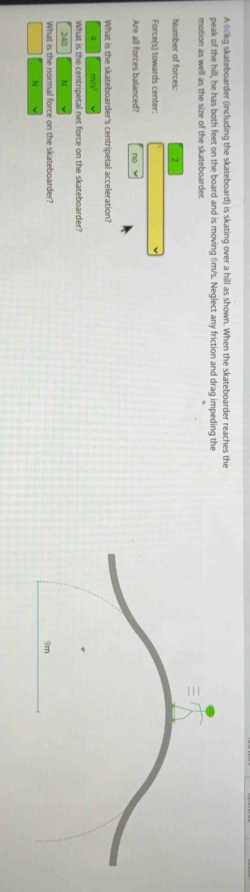 a 60kg skateboarder (including the skateboard) is skating over a hill a…