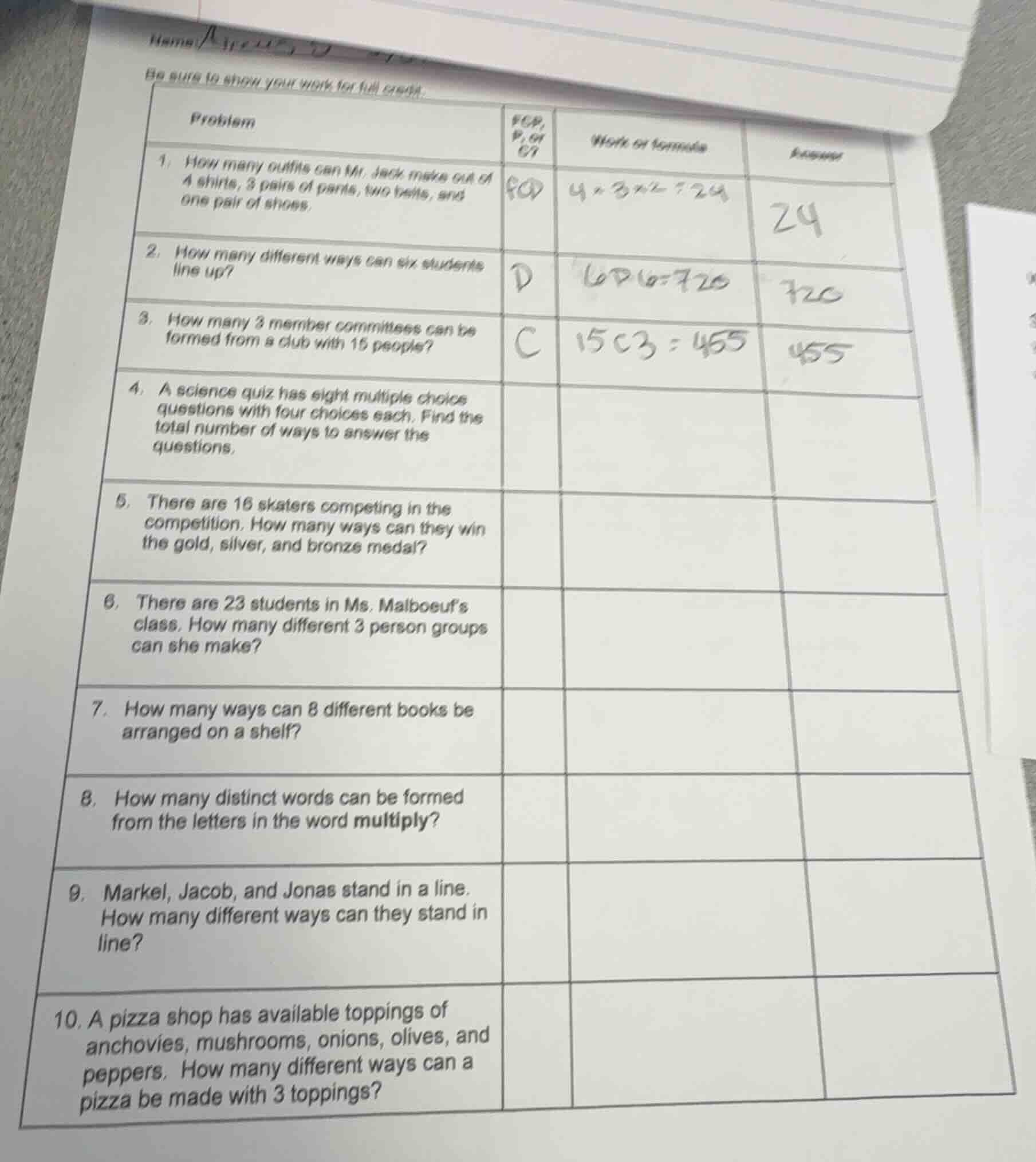 be sure to show your work for full credit. 1. how many outfits can mr. …