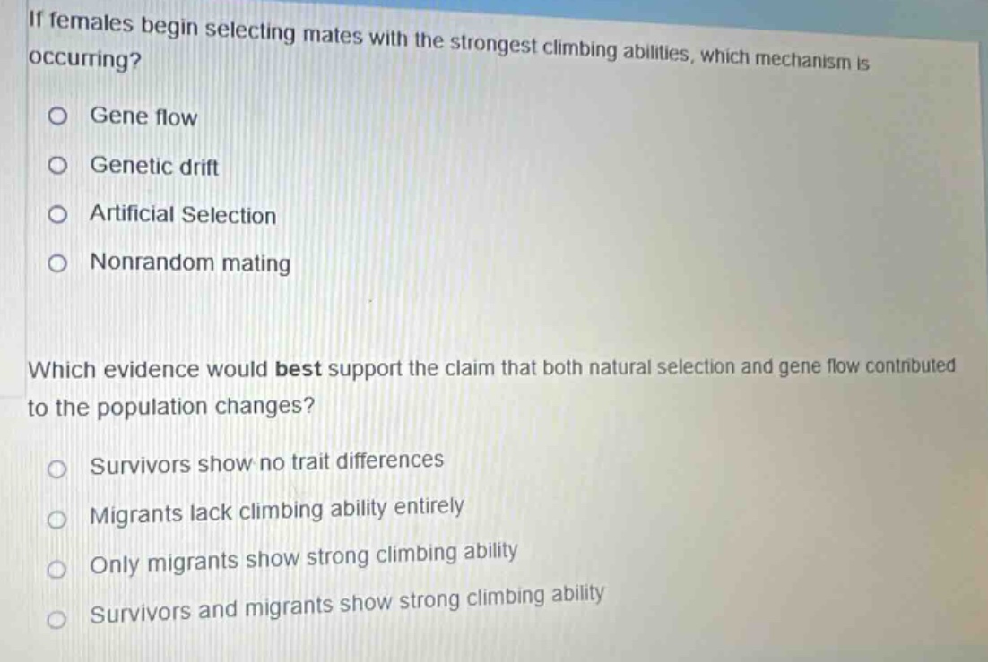 if females begin selecting mates with the strongest climbing abilities,…