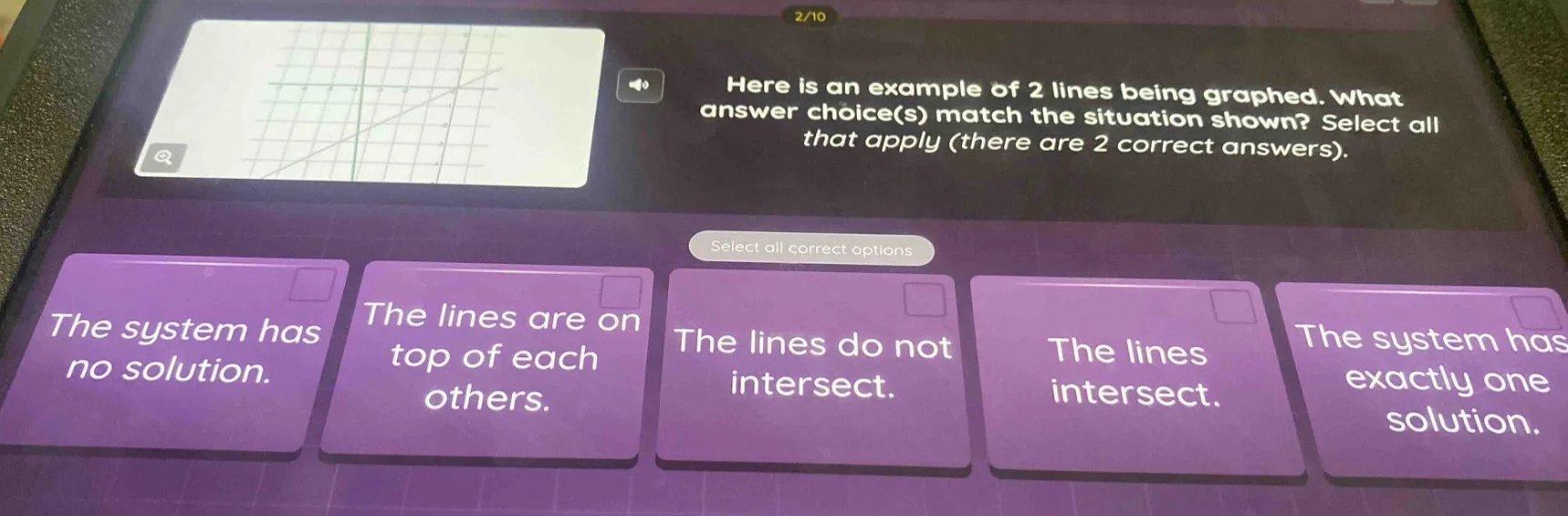 here is an example of 2 lines being graphed. what answer choice(s) matc…