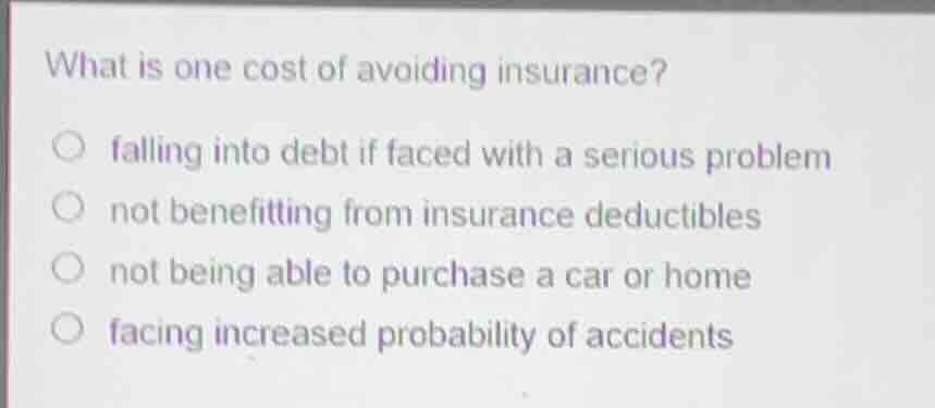 what is one cost of avoiding insurance? ○ falling into debt if faced wi…