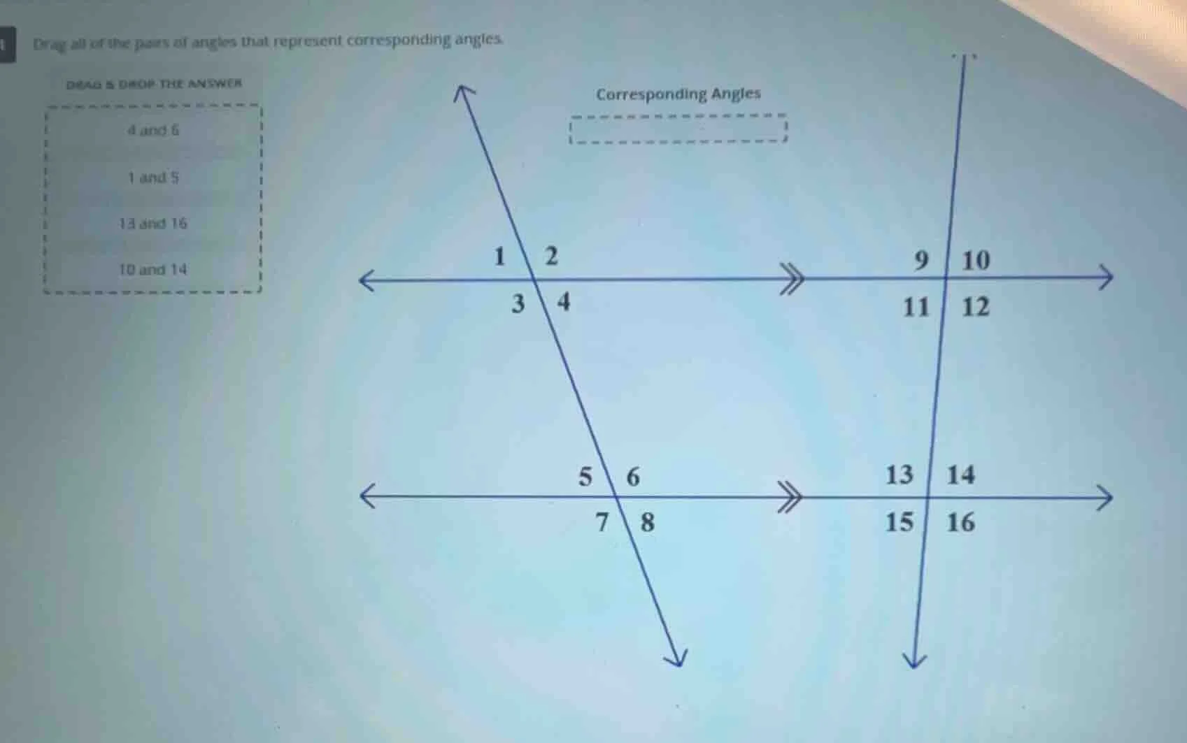 drag all of the pairs of angles that represent corresponding angles. dr…
