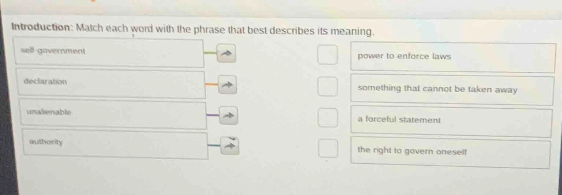 introduction: match each word with the phrase that best describes its m…