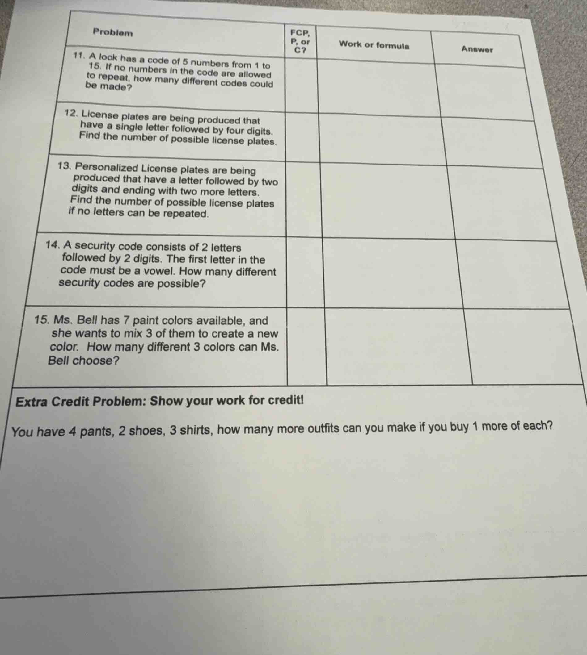 problem 11. a lock has a code of 5 numbers from 1 to 15. if no numbers …