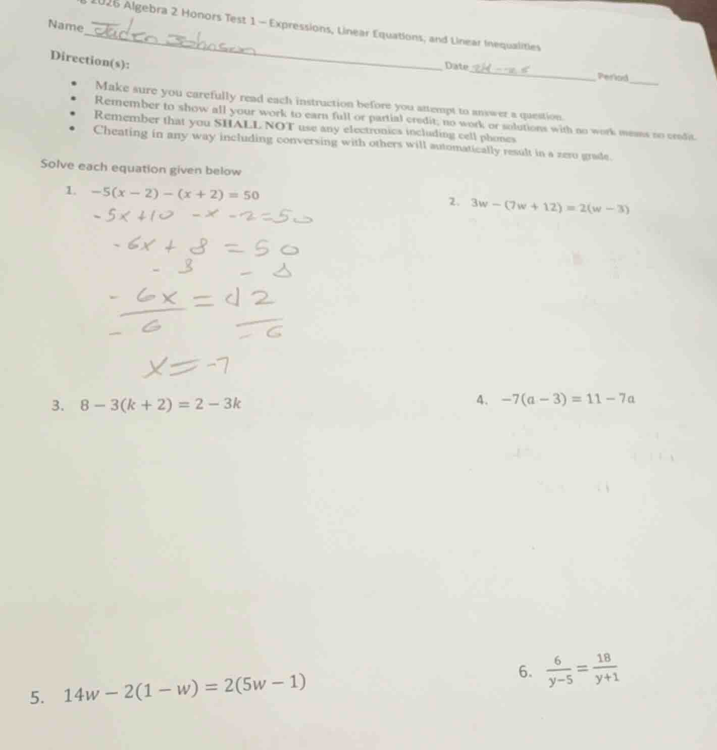 2026 algebra 2 honors test 1 - expressions, linear equations, and linea…