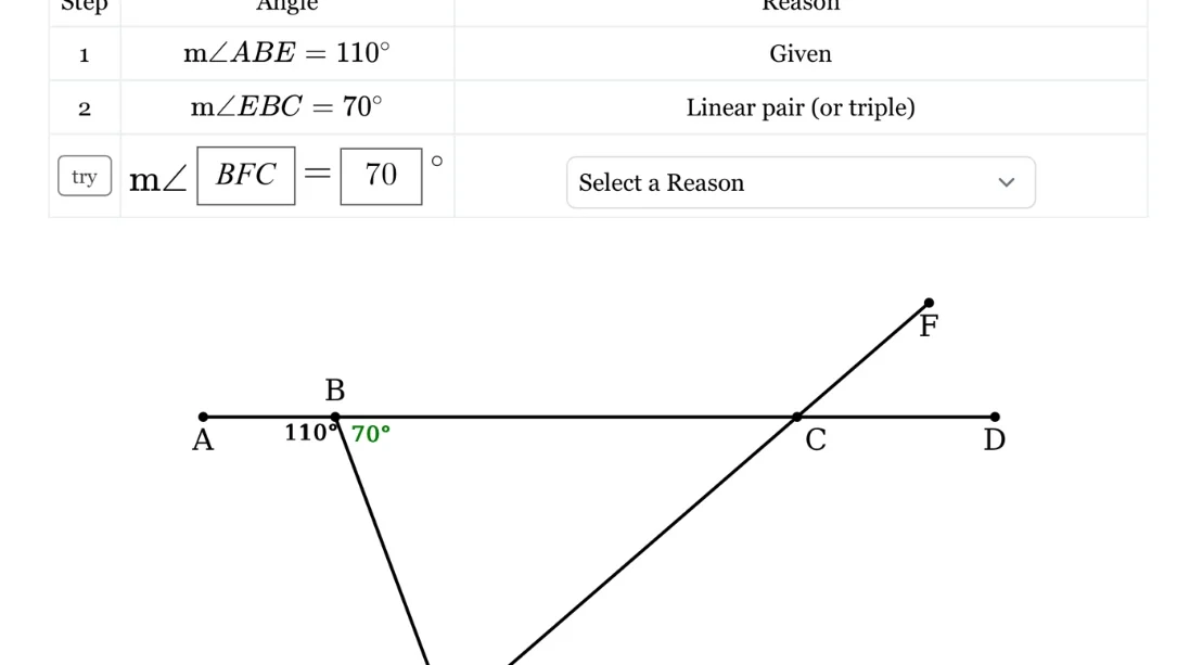 step 1: $m\\angle abe = 110^\\circ$ (given); step 2: $m\\angle ebc = 70…