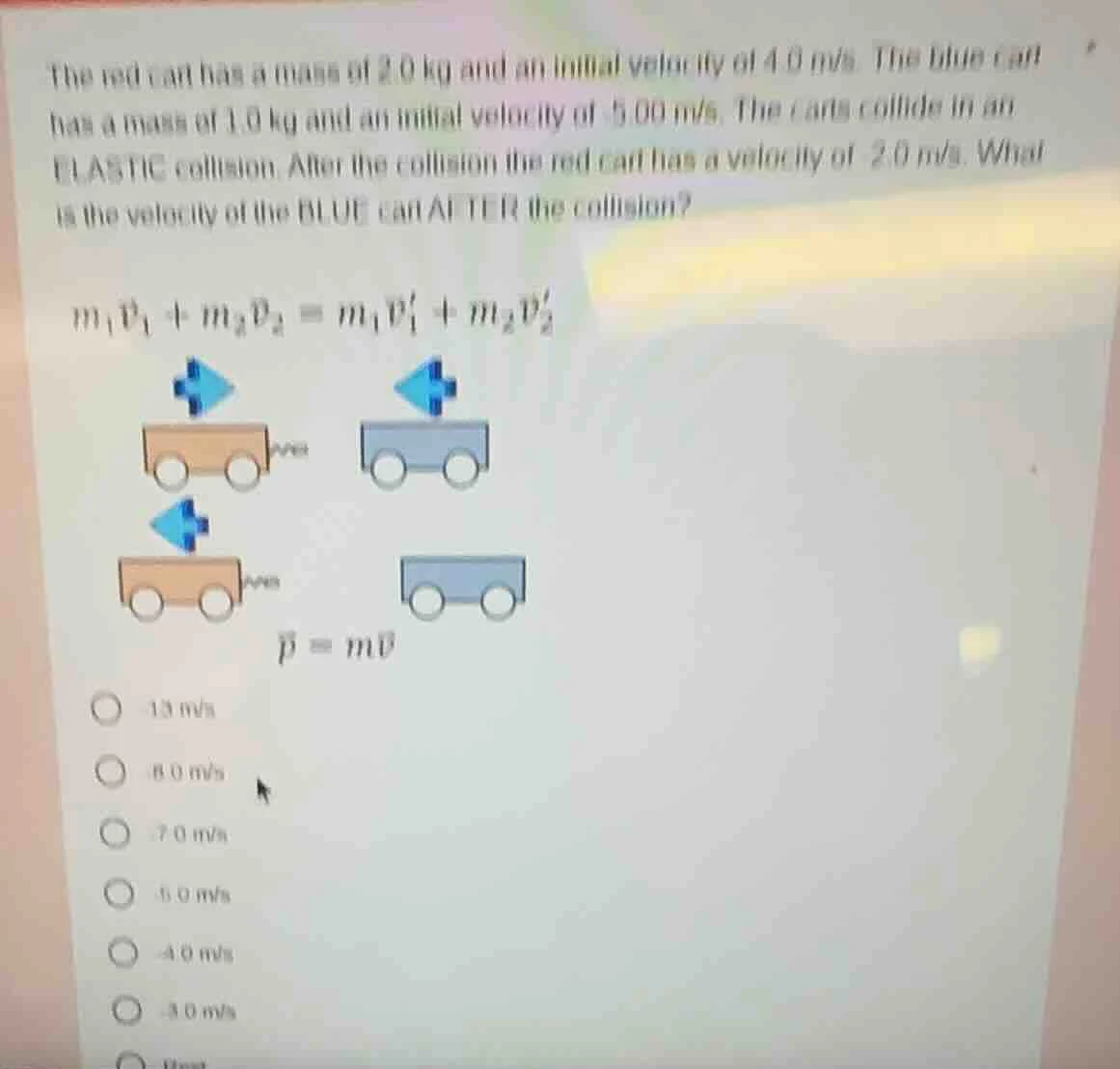 the red cart has a mass of 2.0 kg and an initial velocity of 4.0 m/s. t…