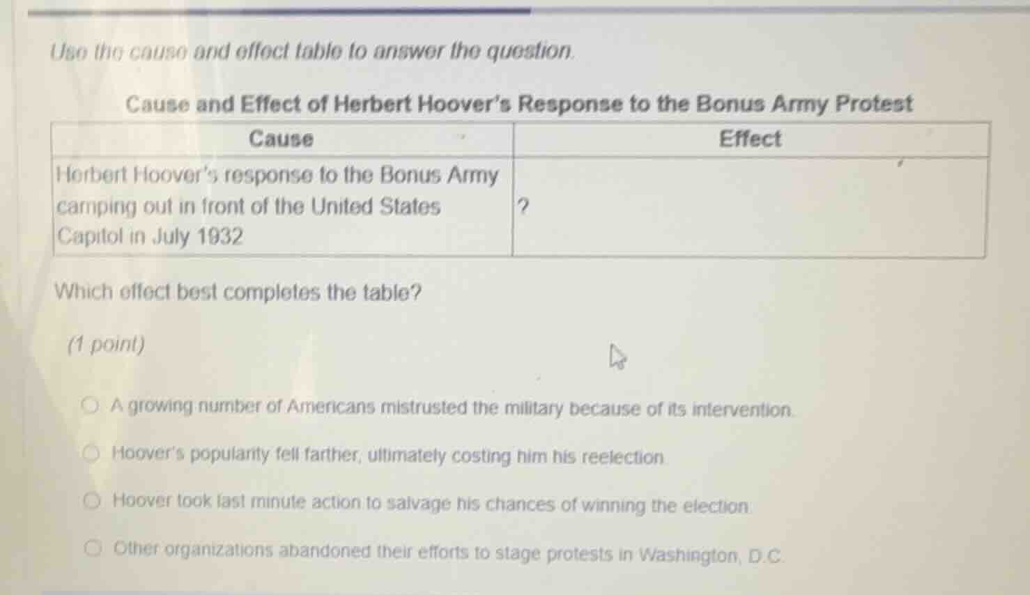 use the cause and effect table to answer the question. cause and effect…