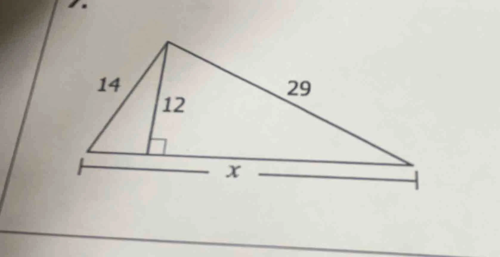 in the triangle, there is a height of 12, one side of the small right t…
