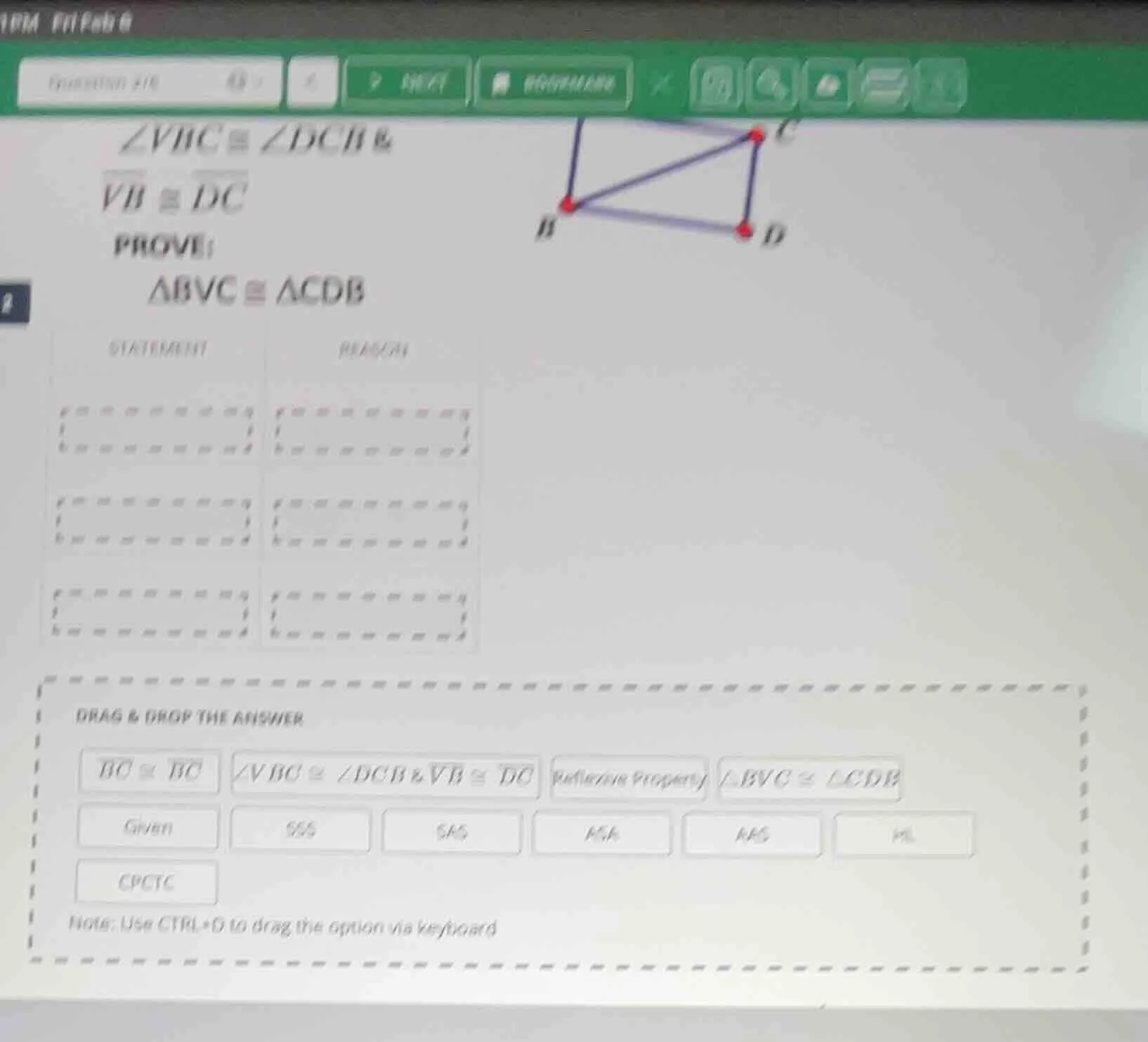 $\\angle vbc \\cong \\angle dcb$ & $\\overline{vb} \\cong \\overline{dc…