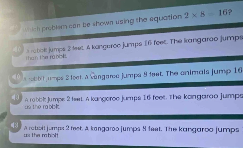 which problem can be shown using the equation $2 \\times 8 = 16$? a rab…