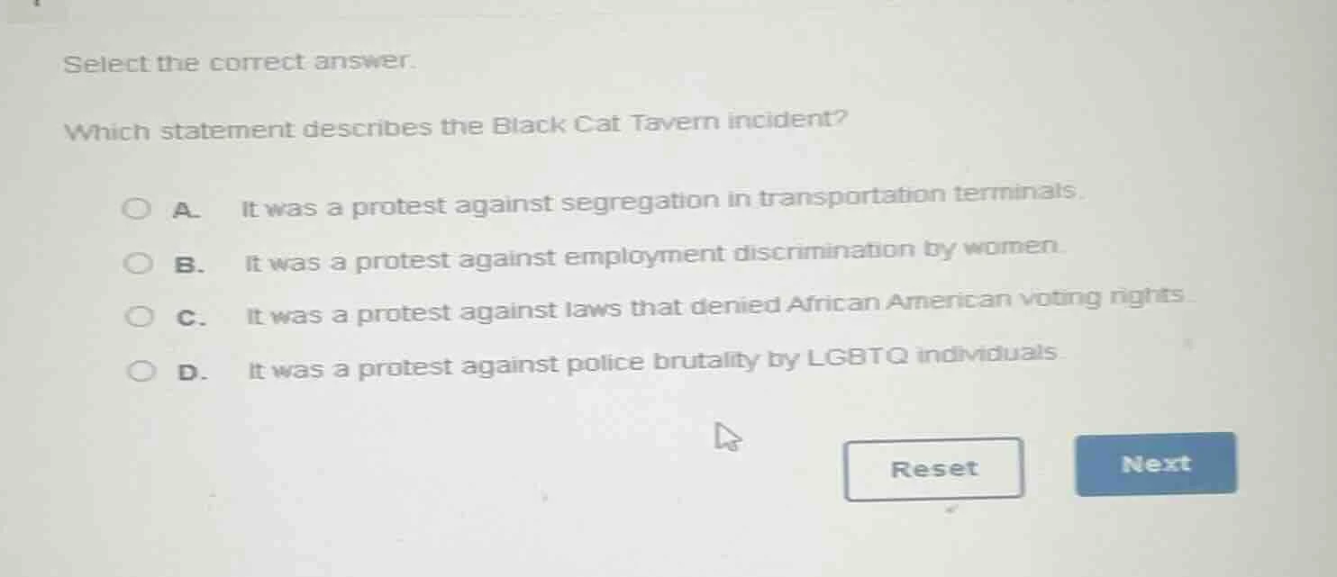 select the correct answer. which statement describes the black cat tave…
