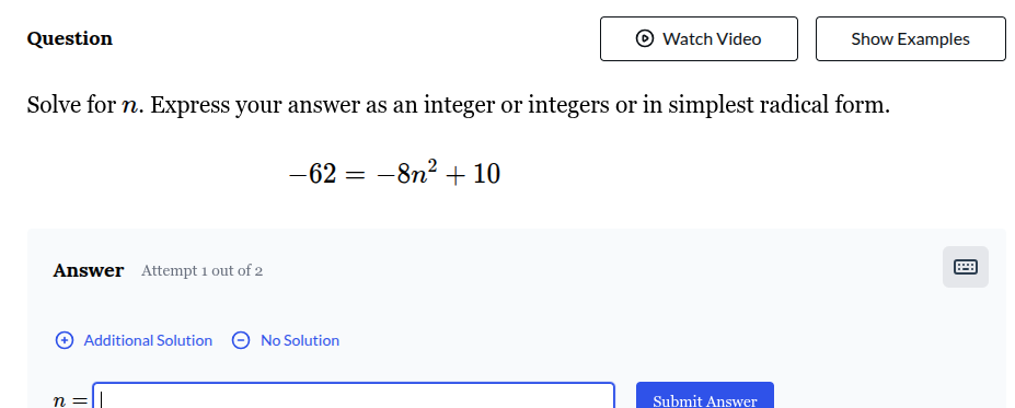 question solve for n. express your answer as an integer or integers or …