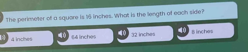 the perimeter of a square is 16 inches. what is the length of each side…