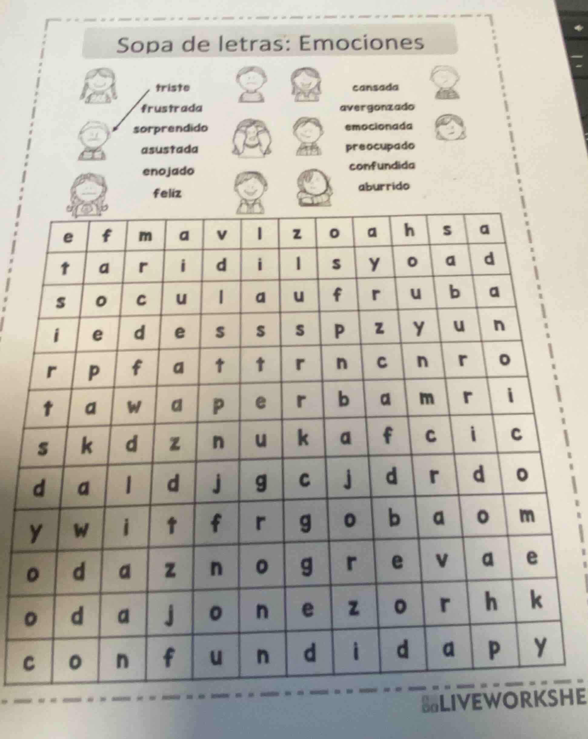 sopa de letras: emociones friste frustrada sorprendido asustada enojado…