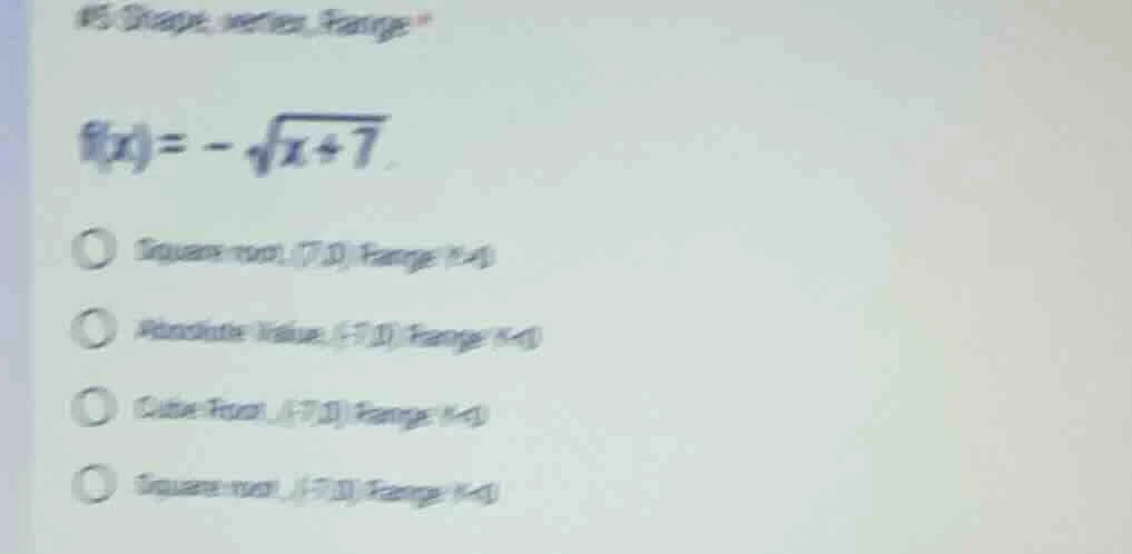 15 shape, vertex, range f(x) = -sqrt{x + 7} square root, (7,0) range: y…