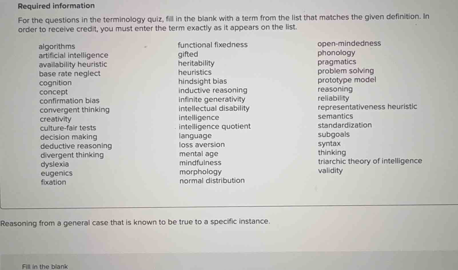 required information for the questions in the terminology quiz, fill in…