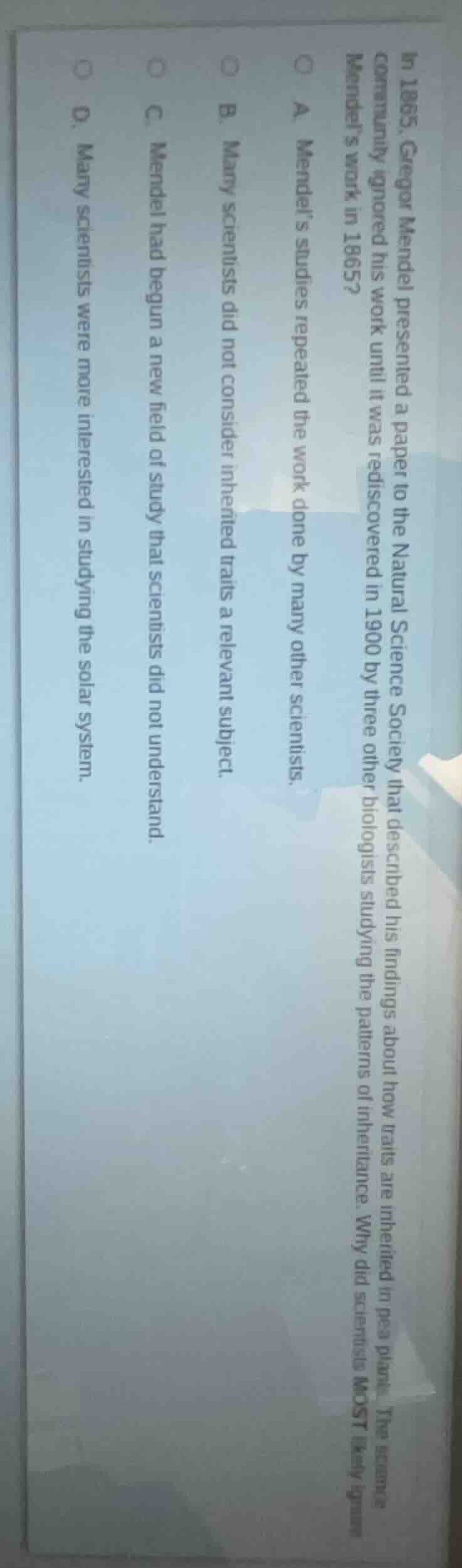 in 1865, gregor mendel presented a paper to the natural science society…