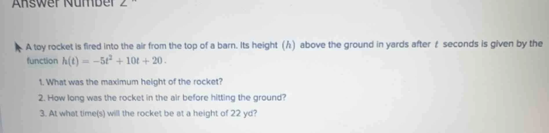 a toy rocket is fired into the air from the top of a barn. its height (…