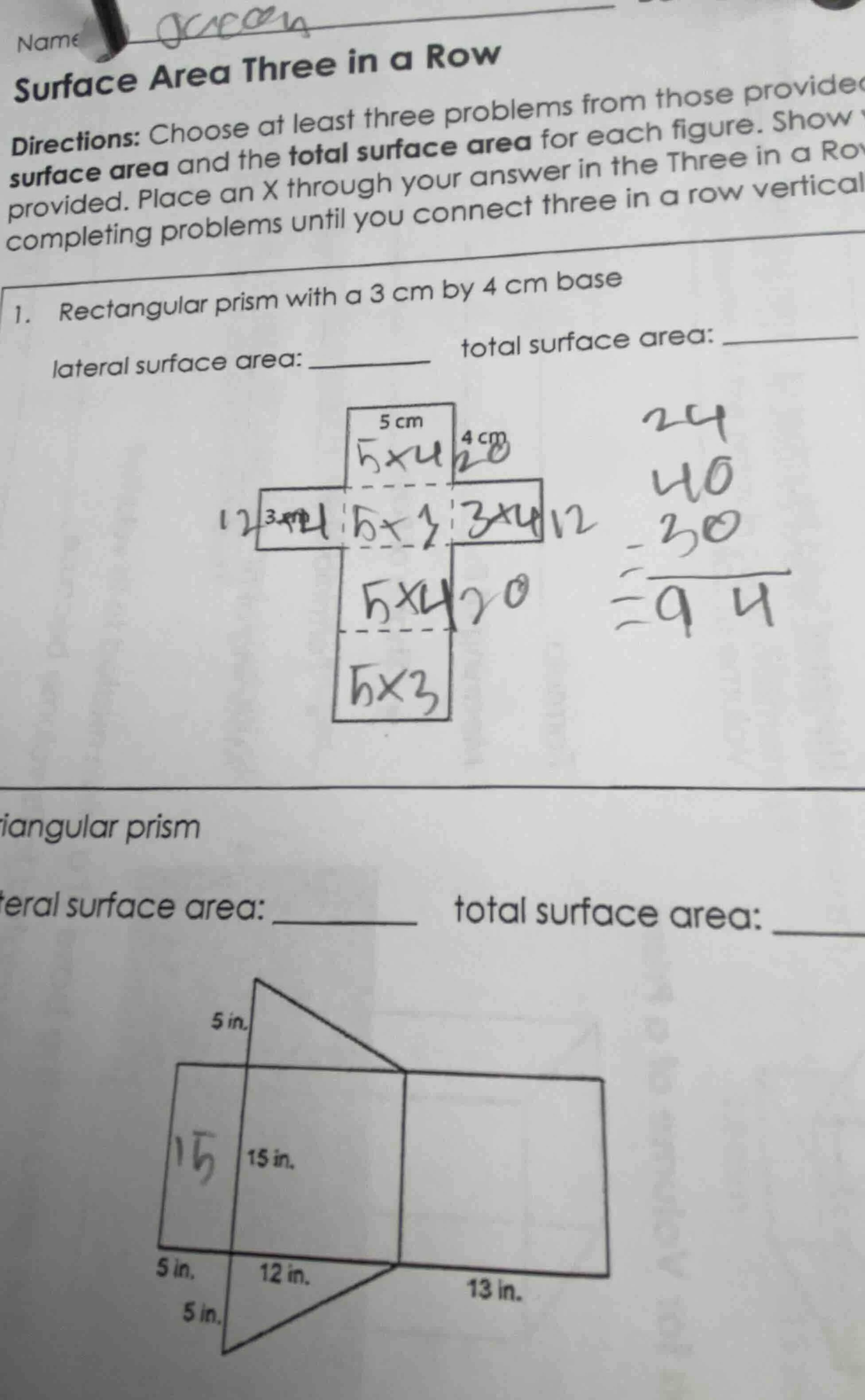 name surface area three in a row directions: choose at least three prob…