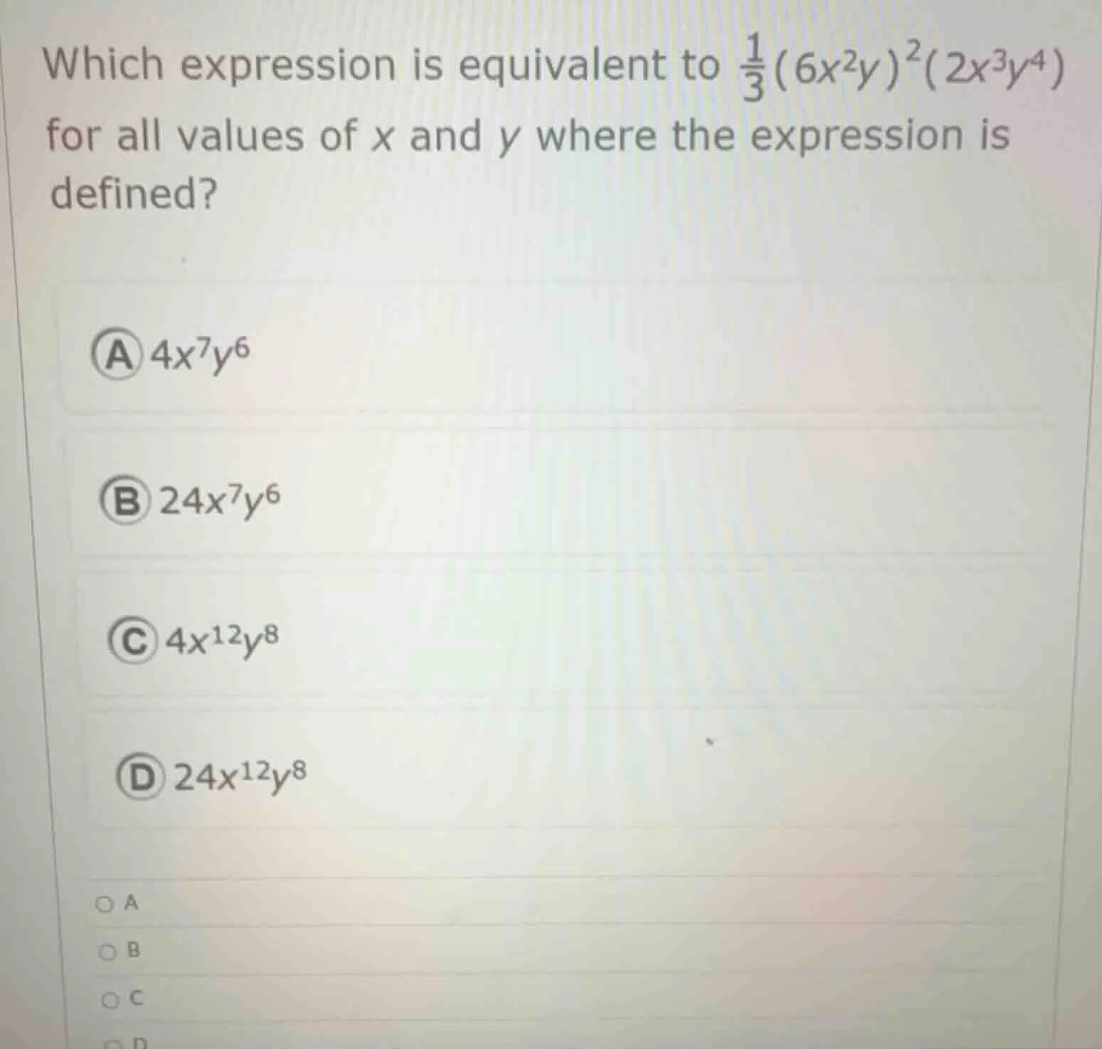 which expression is equivalent to \\(\\frac{1}{3}(6x^2y)^2(2x^3y^4)\\) …