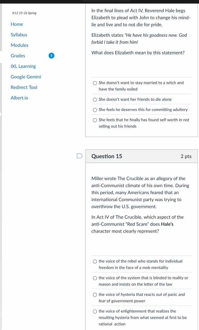 in the final lines of act iv, reverend hale begs elizabeth to plead wit…