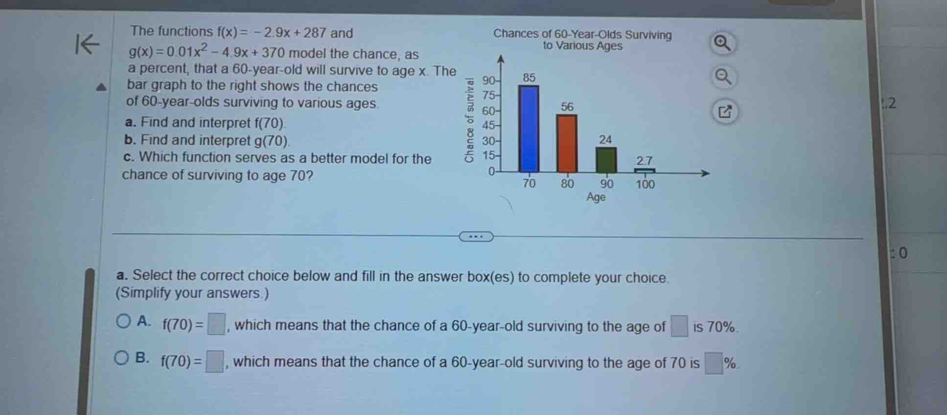 the functions $f(x) = -2.9x + 287$ and $g(x) = 0.01x^2 - 4.9x + 370$ mo…