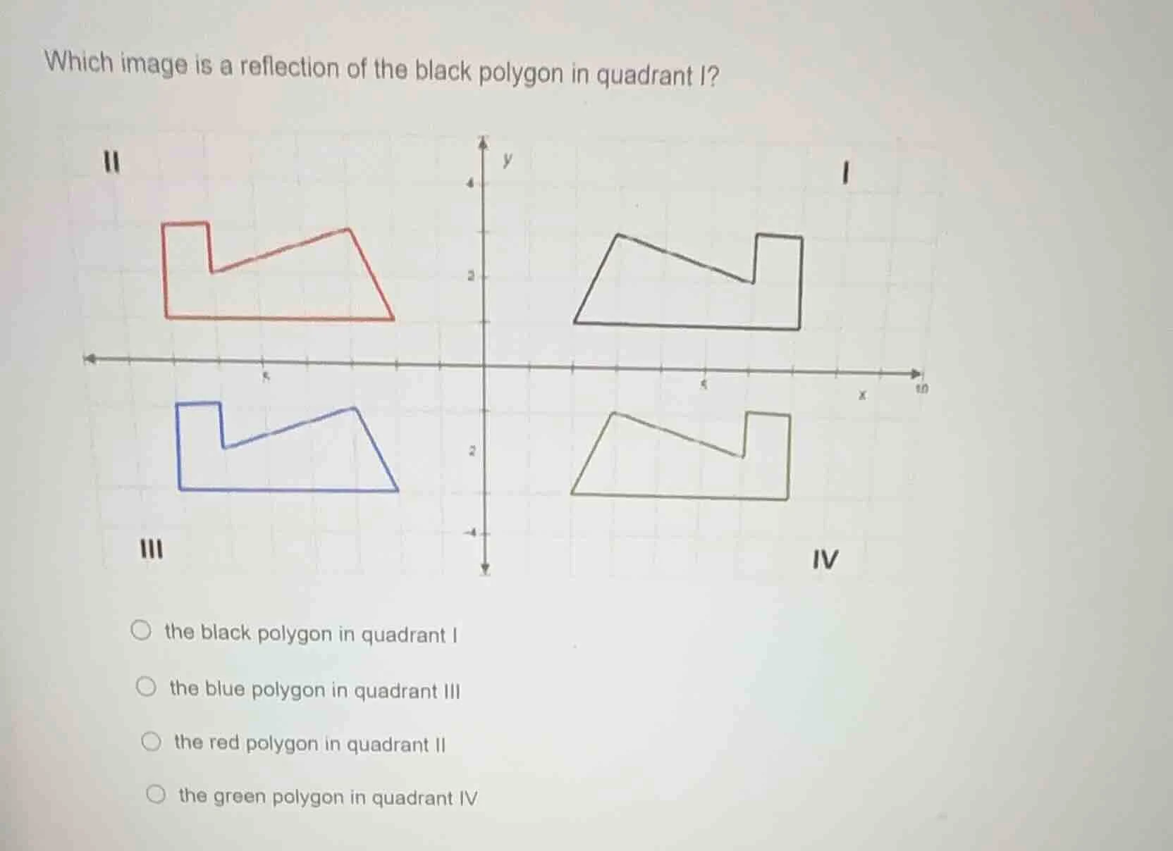 which image is a reflection of the black polygon in quadrant i? options…
