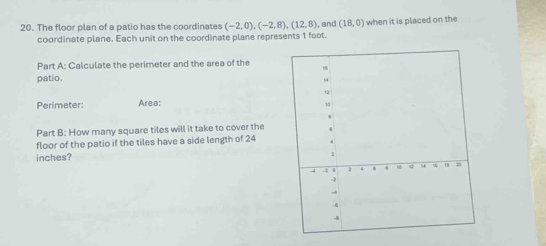 20. the floor plan of a patio has the coordinates (-2,0), (-2,8), (12,8…