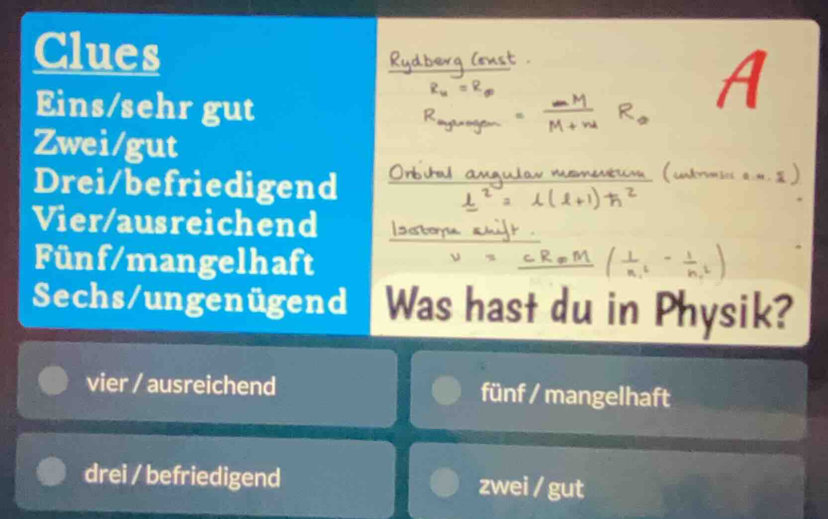 clues eins/sehr gut zwei/gut drei/befriedigend vier/ausreichend fünf/ma…