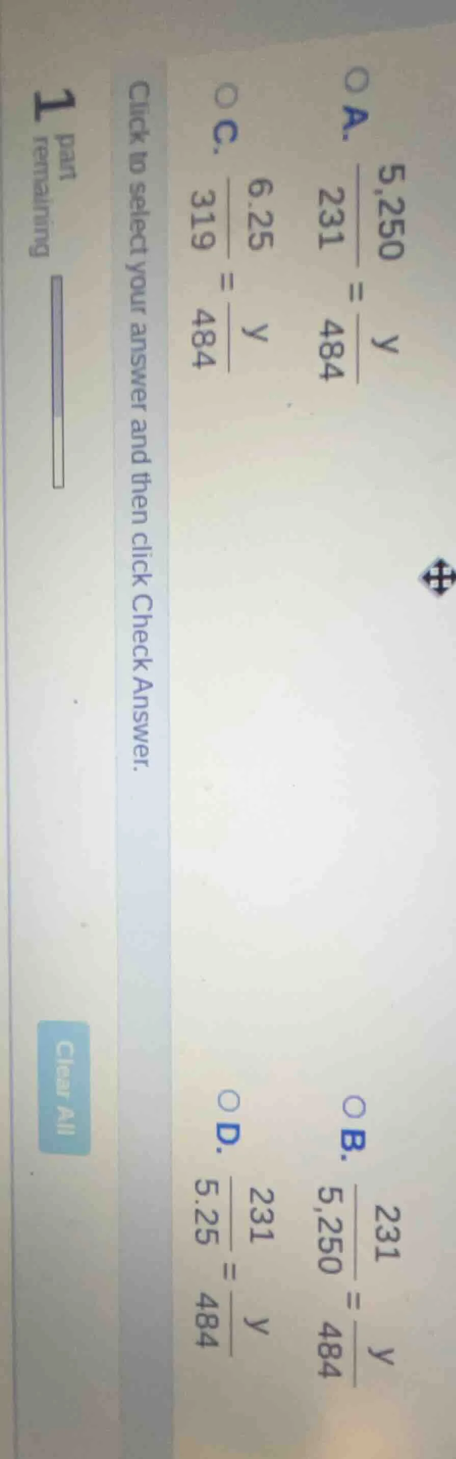 1 part remaining click to select your answer and then click check answe…