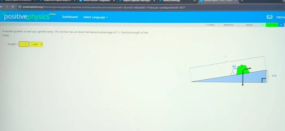 a worker pushes a load up a gentle ramp. the incline has an ideal mecha…