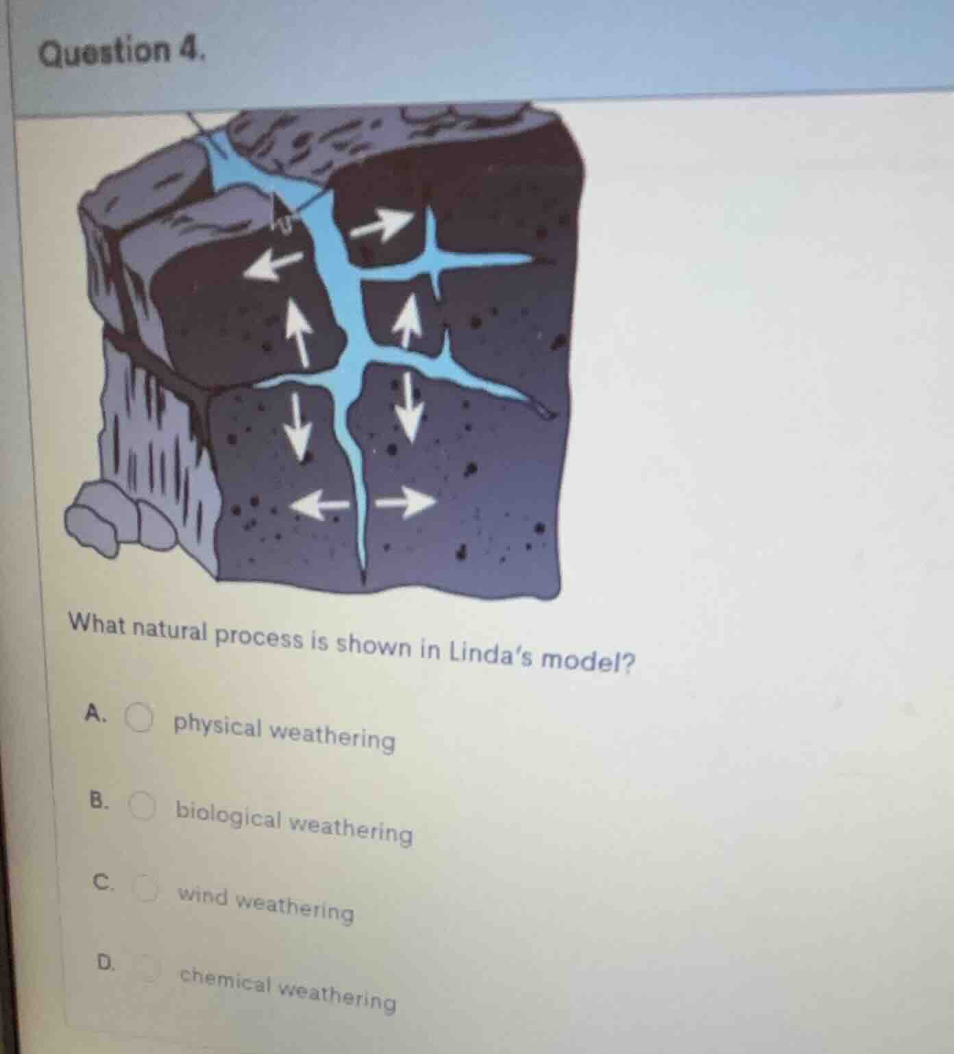 question 4. what natural process is shown in linda’s model? a. physical…