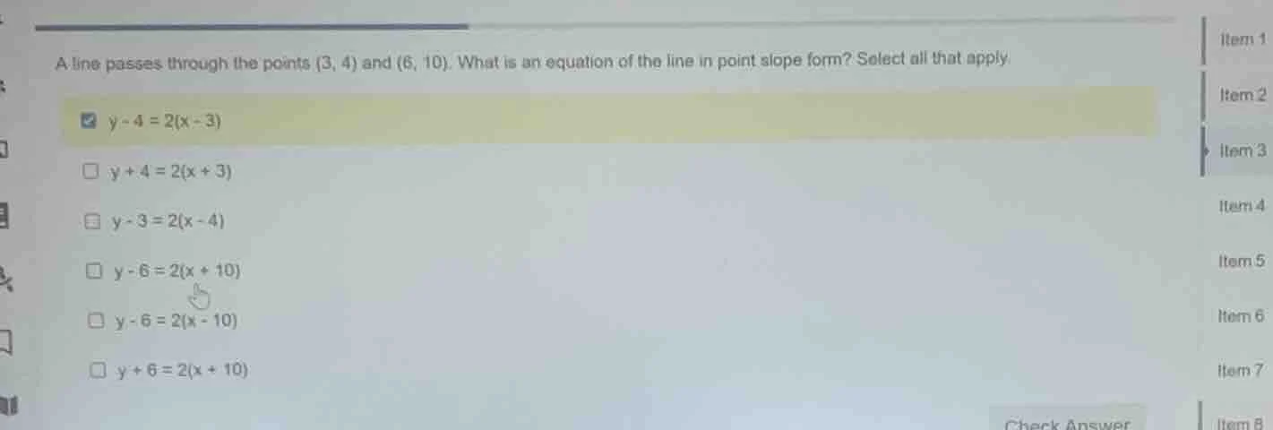 a line passes through the points (3, 4) and (6, 10). what is an equatio…