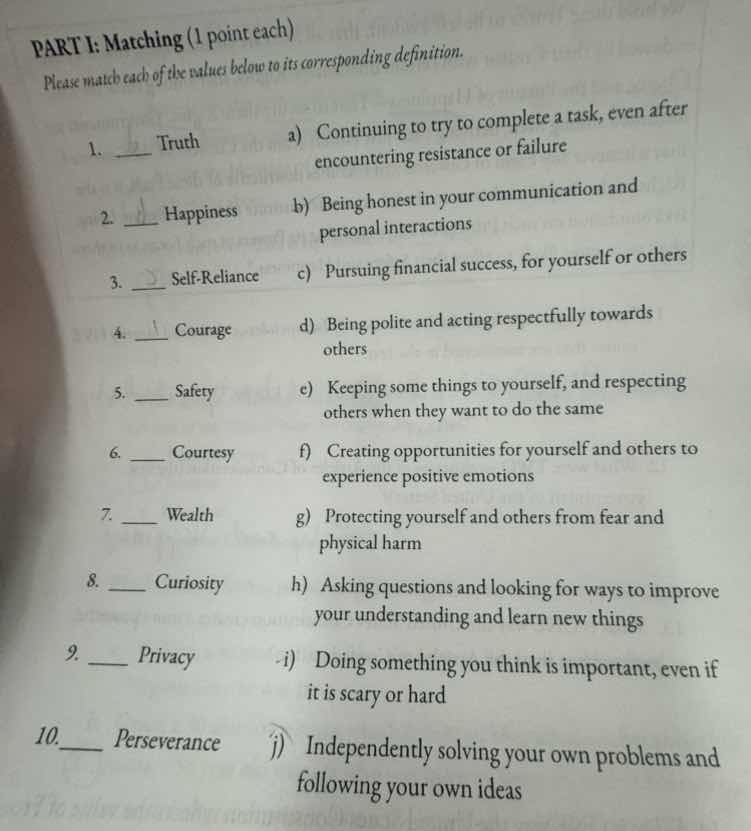 part i: matching (1 point each) please match each of the values below t…