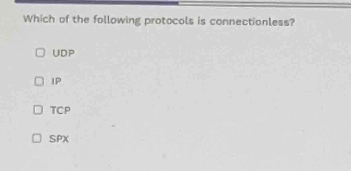 which of the following protocols is connectionless? udp ip tcp spx