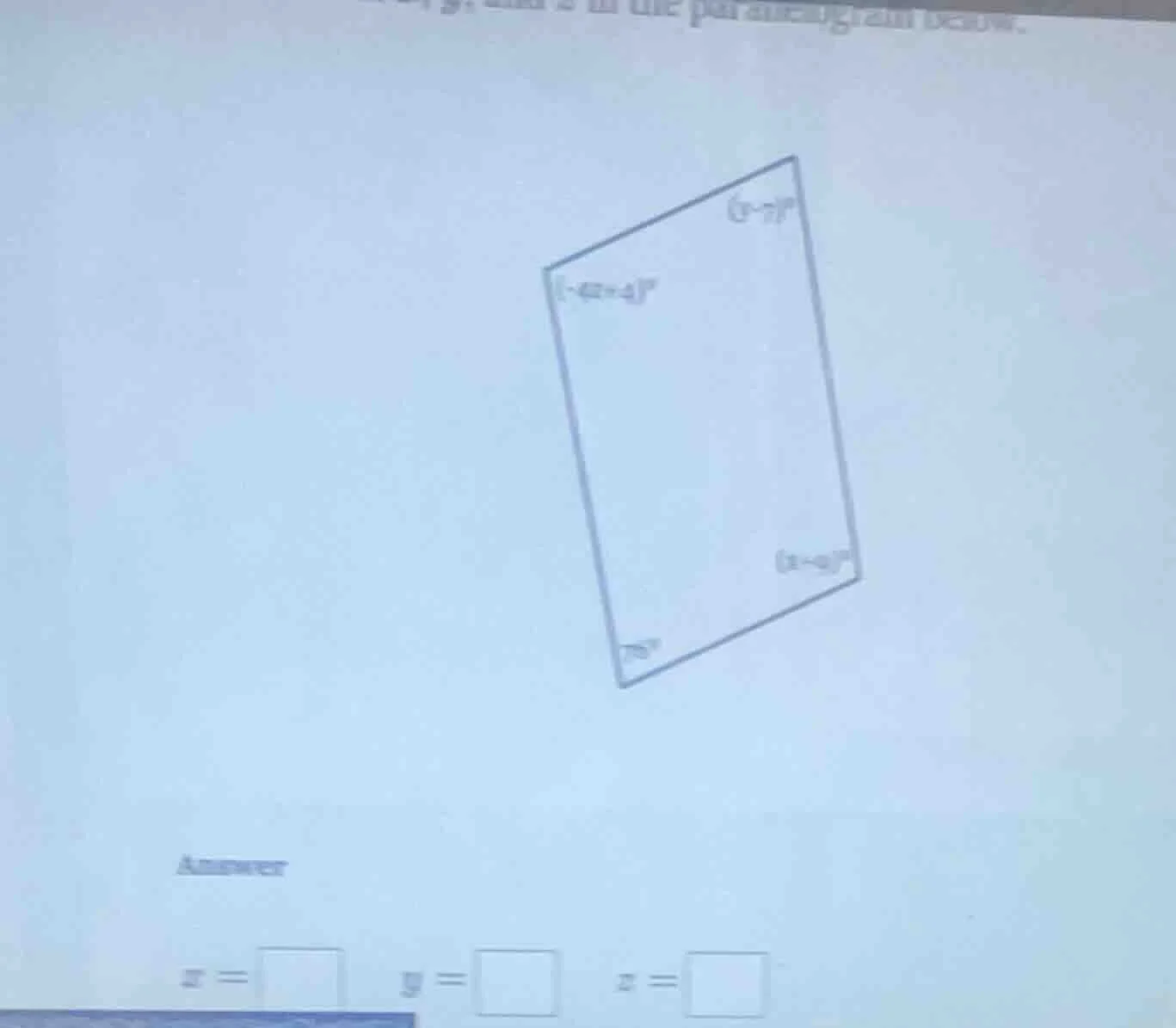 find x, y, and z in the parallelogram below. the parallelogram has angl…