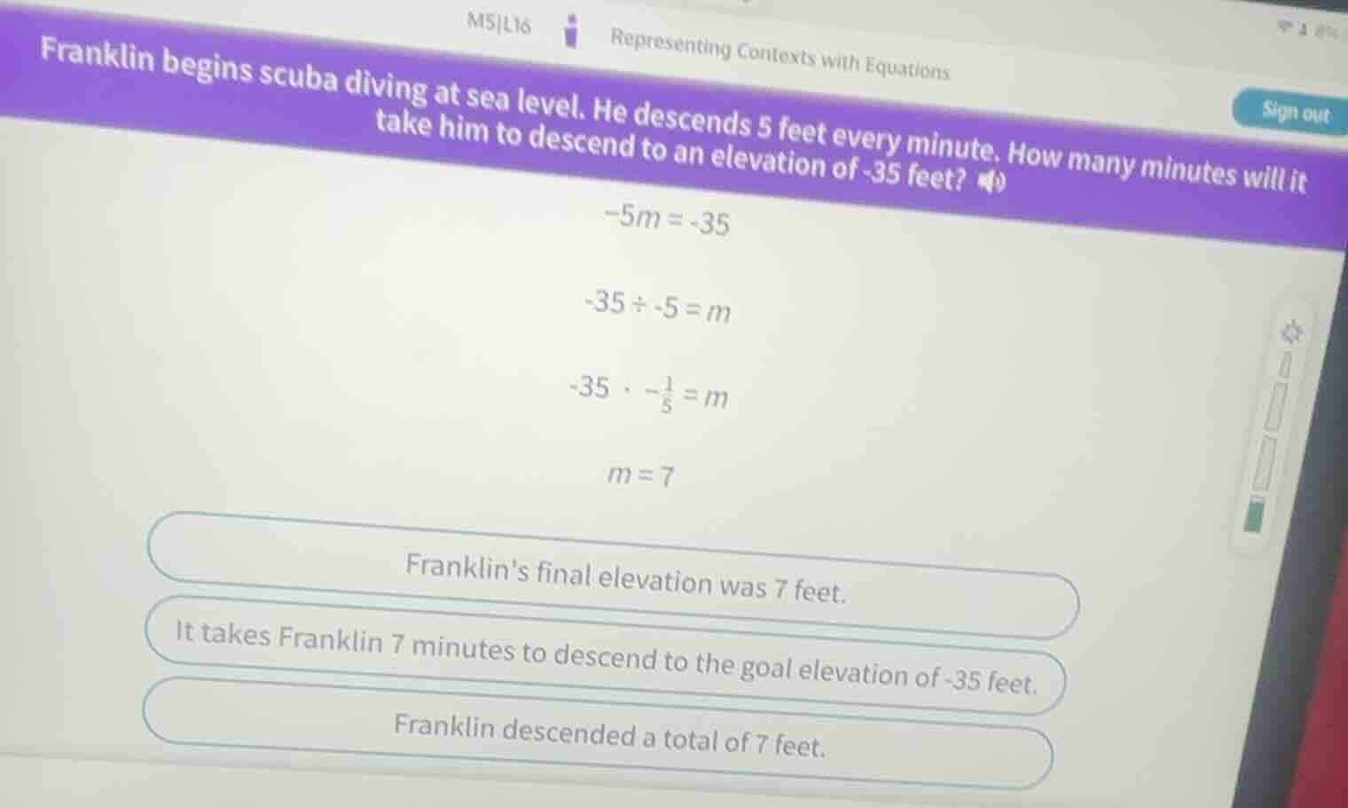 franklin begins scuba diving at sea level. he descends 5 feet every min…