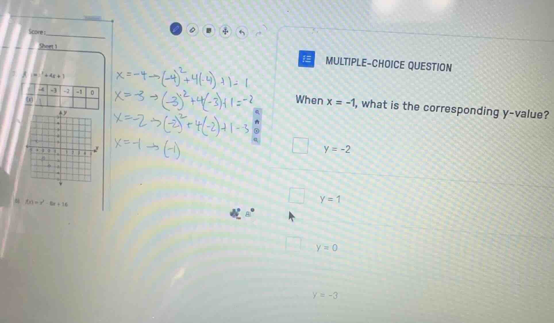 multiple-choice question when x = -1, what is the corresponding y - val…