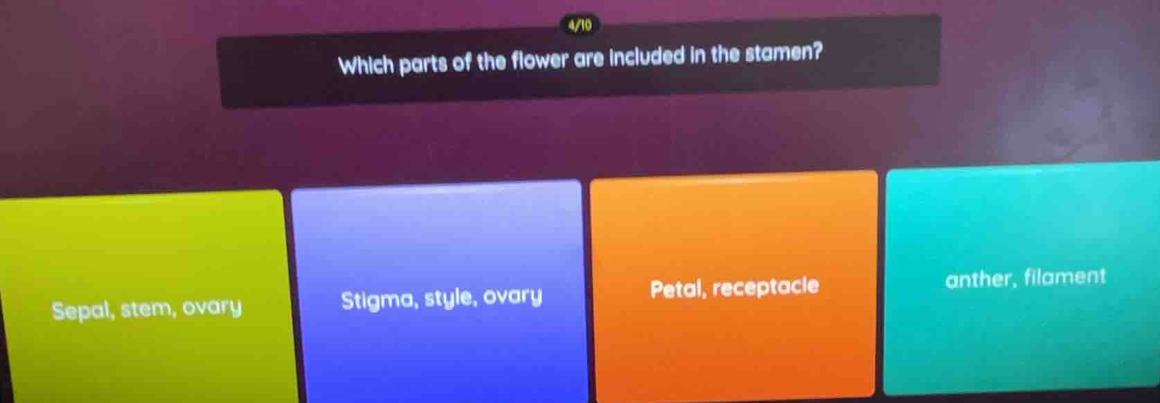 which parts of the flower are included in the stamen? sepal, stem, ovar…