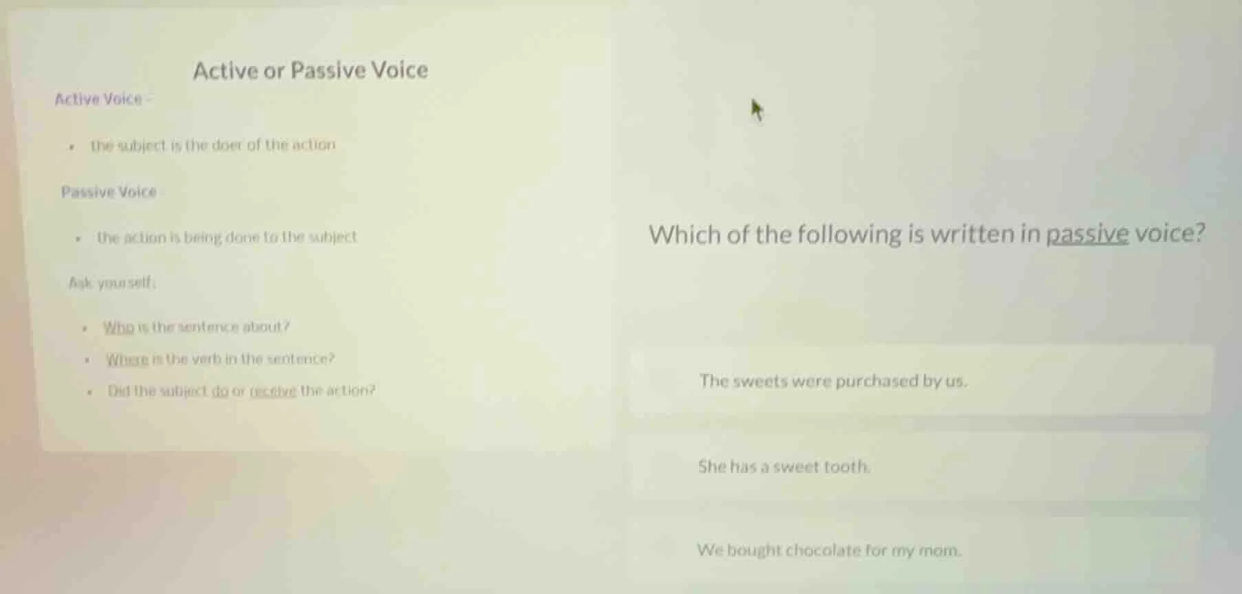 active or passive voice active voice - the subject is the doer of the a…