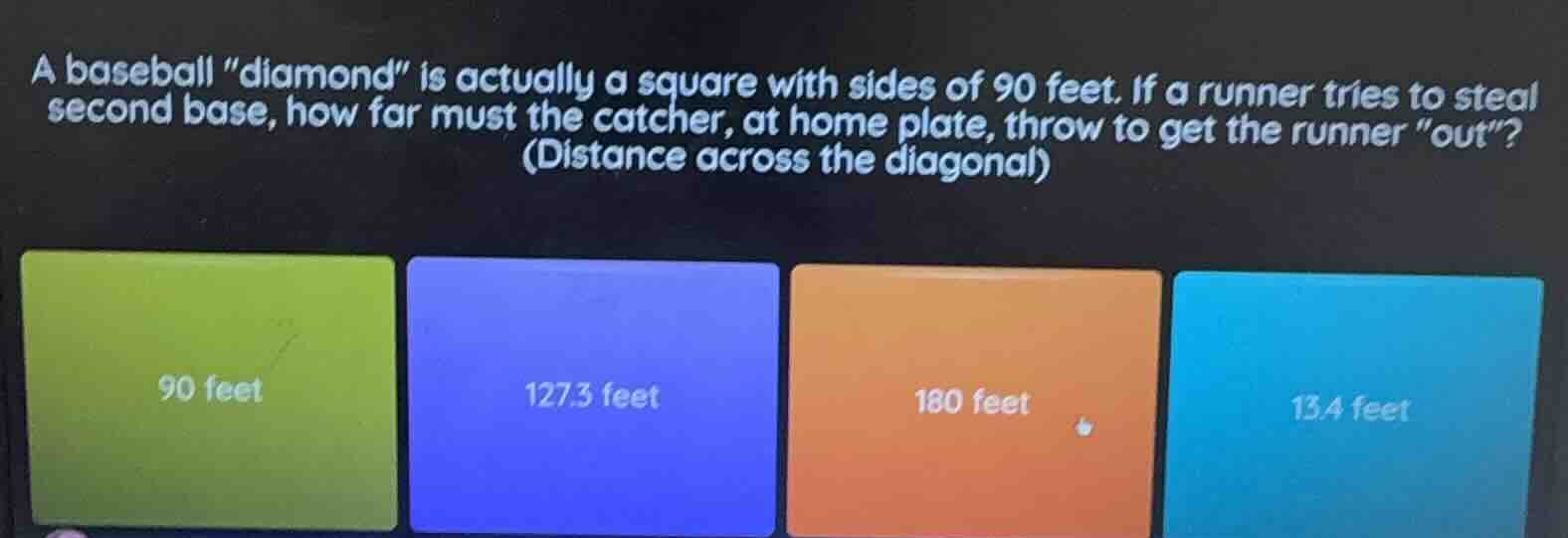 a baseball \diamond\ is actually a square with sides of 90 feet. if a r…