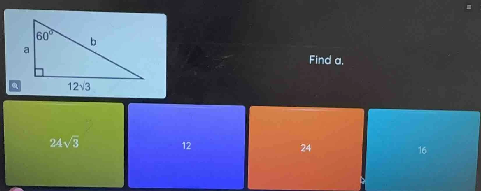 find a. the right - triangle has a right angle, a 60° angle, one leg is…