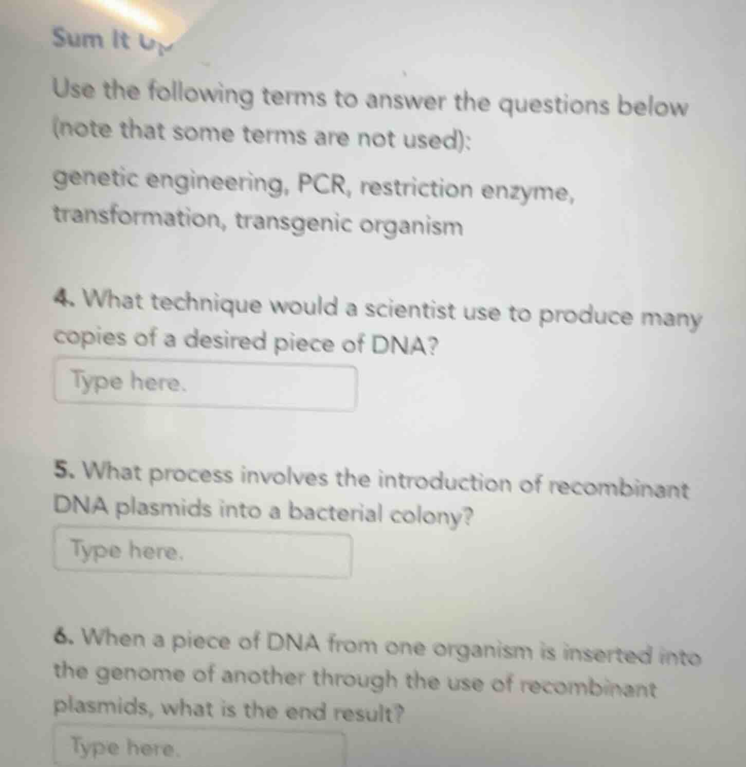 sum it up use the following terms to answer the questions below (note t…