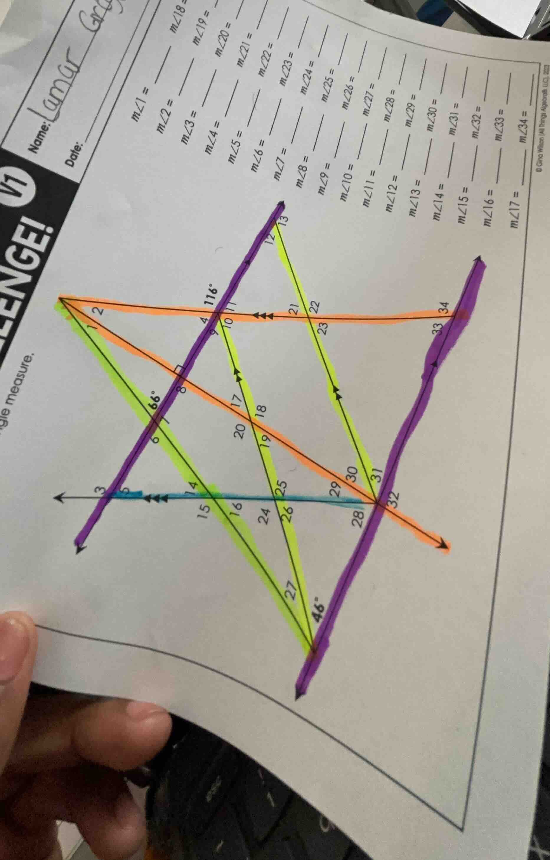 name: lamar greg date: measure. m∠1 = ____ m∠18 = m∠2 = ____ m∠19 = m∠3…