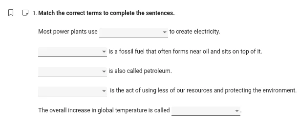 1. match the correct terms to complete the sentences. most power plants…