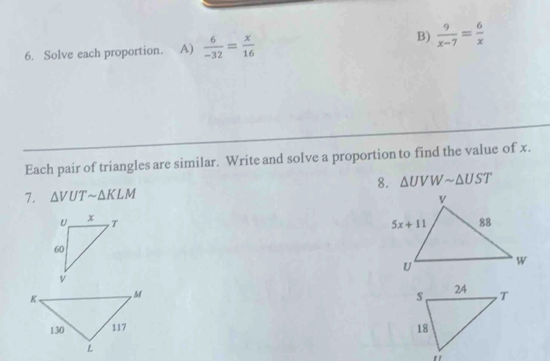 6. solve each proportion. a) \\(\\frac{6}{-32} = \\frac{x}{16}\\) b) \\…