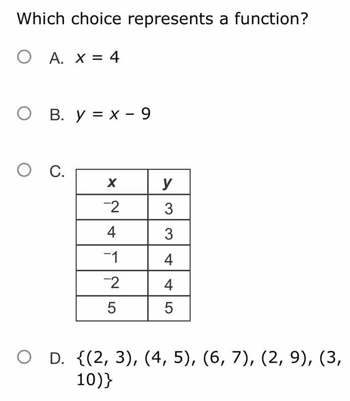 which choice represents a function? a. $x = 4$ b. $y = x - 9$ c. \\begi…