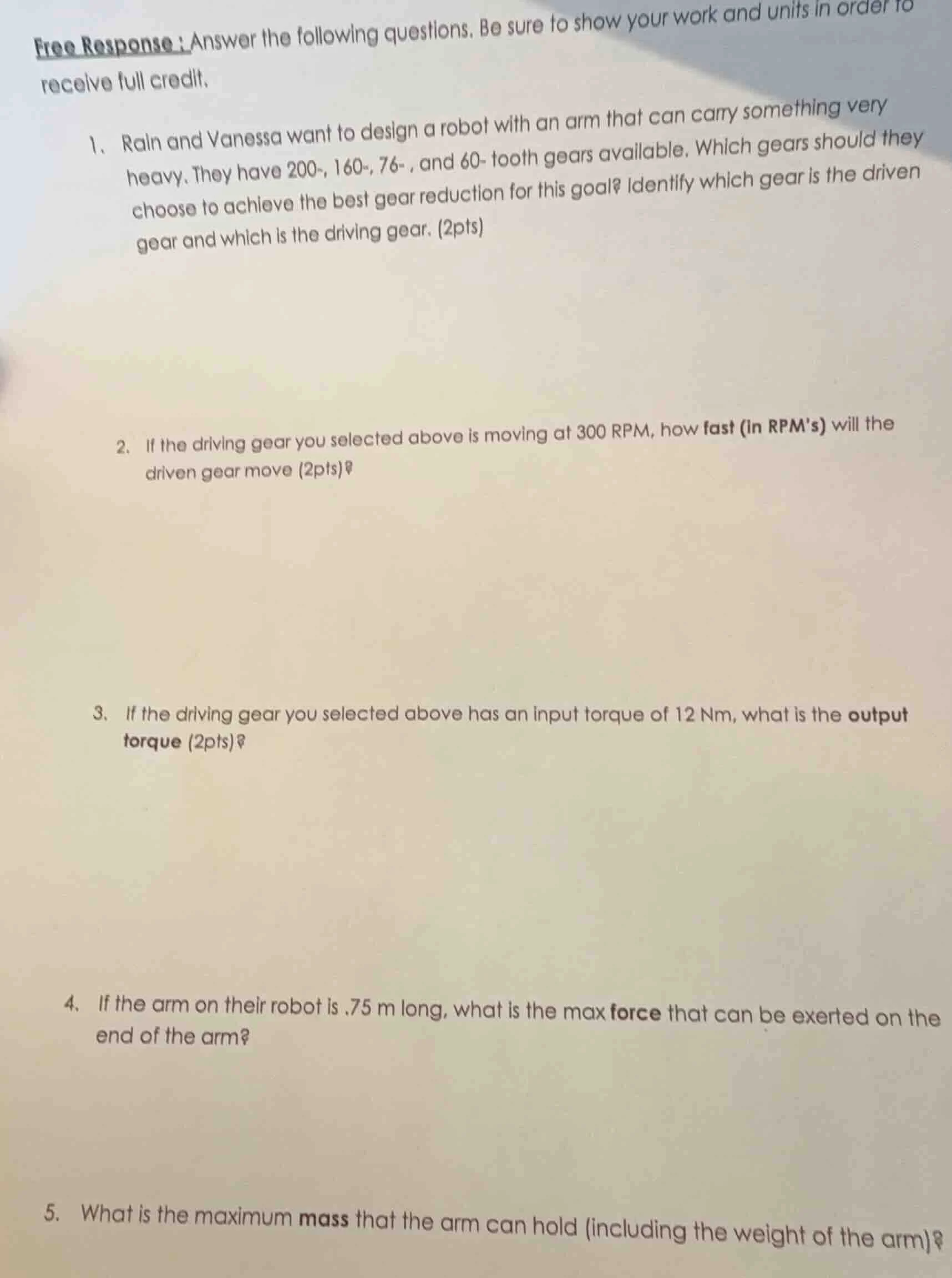 free response : answer the following questions. be sure to show your wo…